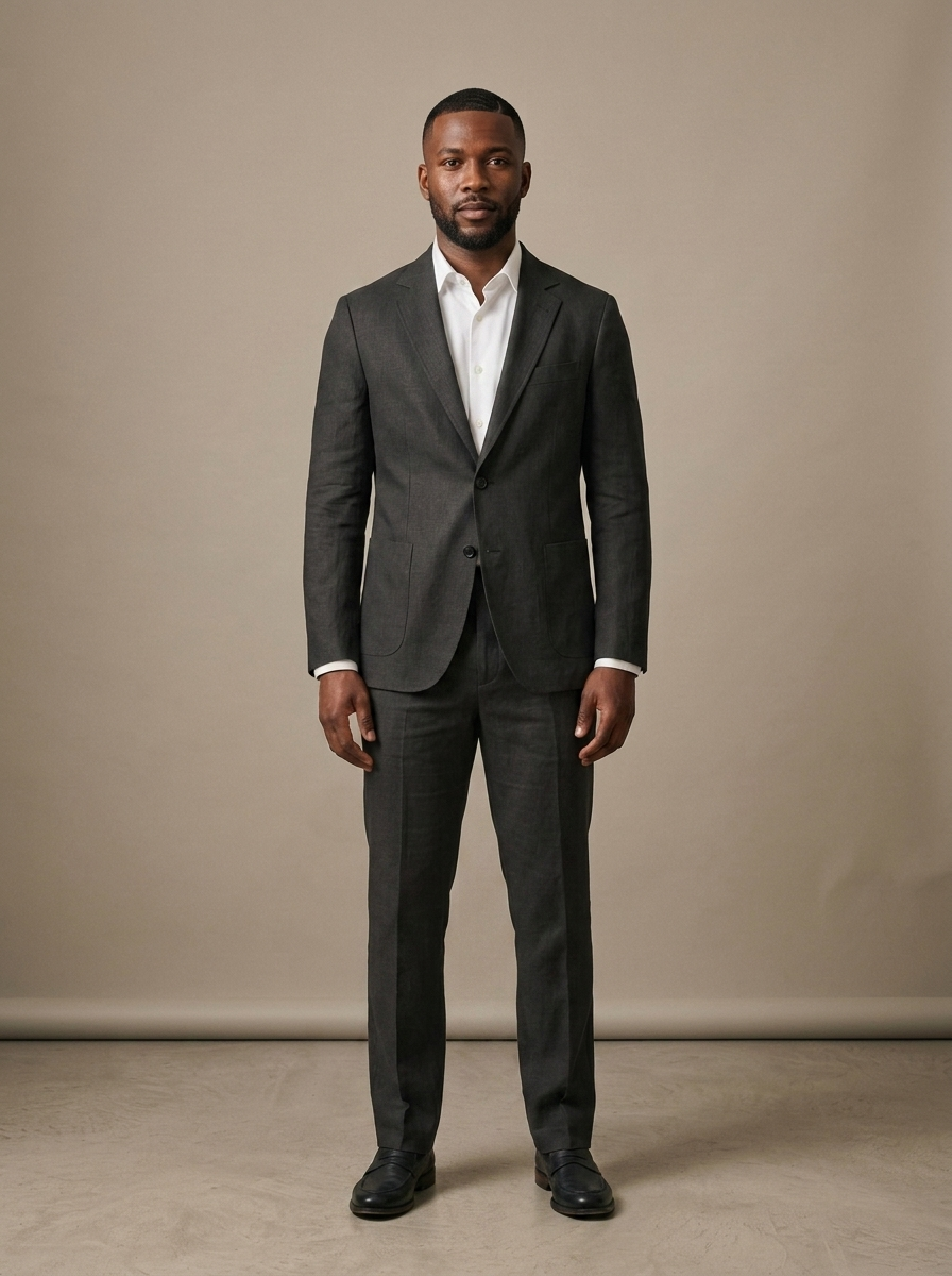 Men's Dark Grey Linen Suit Blazer worn by a model, front view