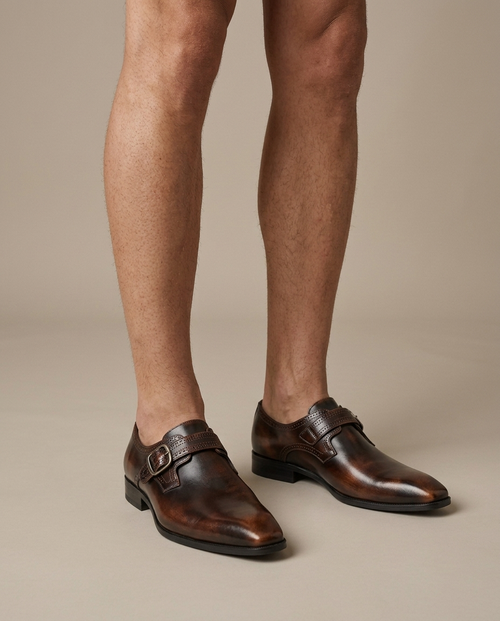 Men's Dress Shoes, Burnished Monk Strap Leather on the foot