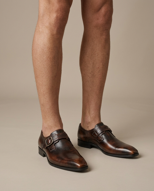 Men's Dress Shoes, Burnished Monk Strap Leather on the foot