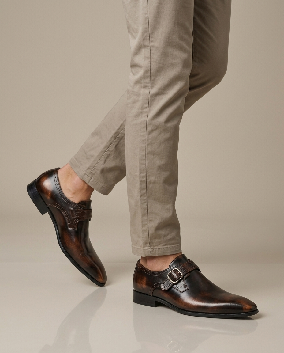 Men's Dress Shoes, Burnished Monk Strap Leather worn, walking