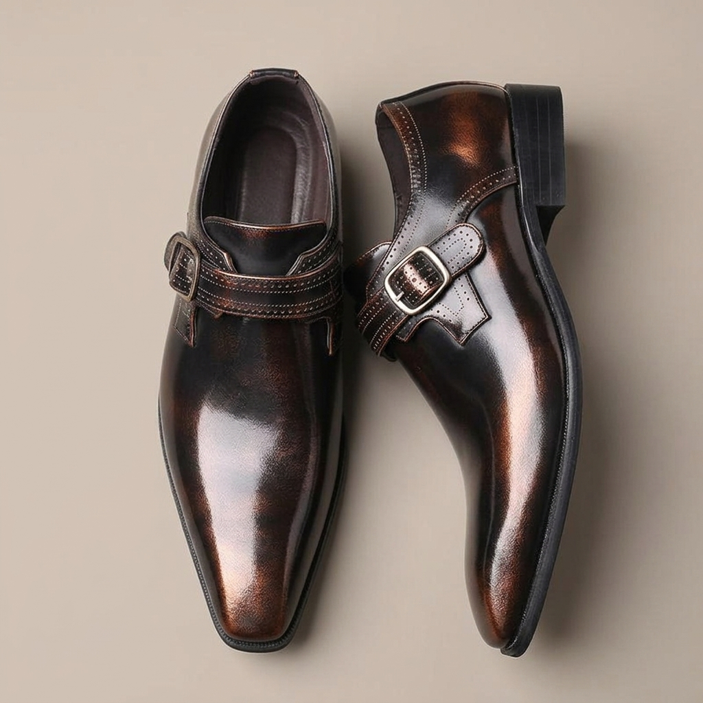 Close-up of Men's Dress Shoes, Burnished Monk Strap Leather