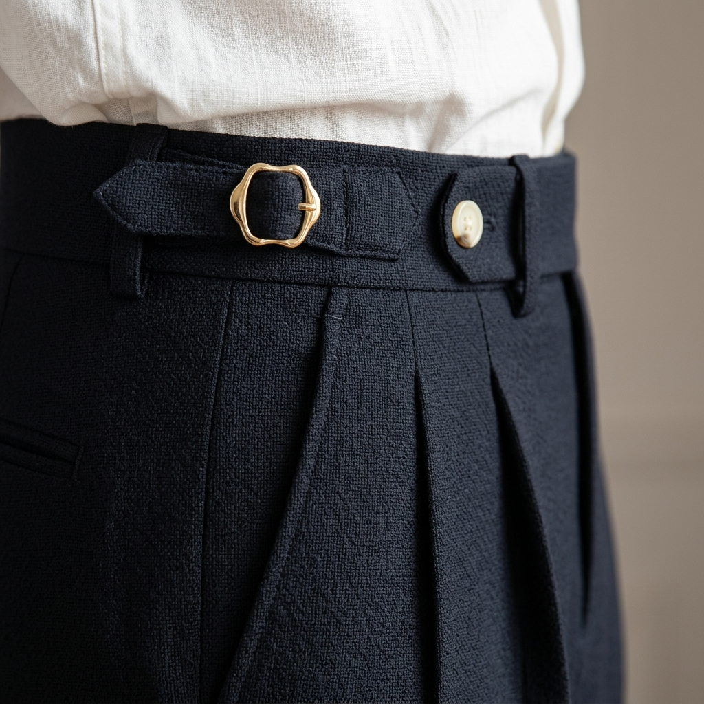 Close-up of Men's High Waist Pleated Navy Trousers fabric and detailing