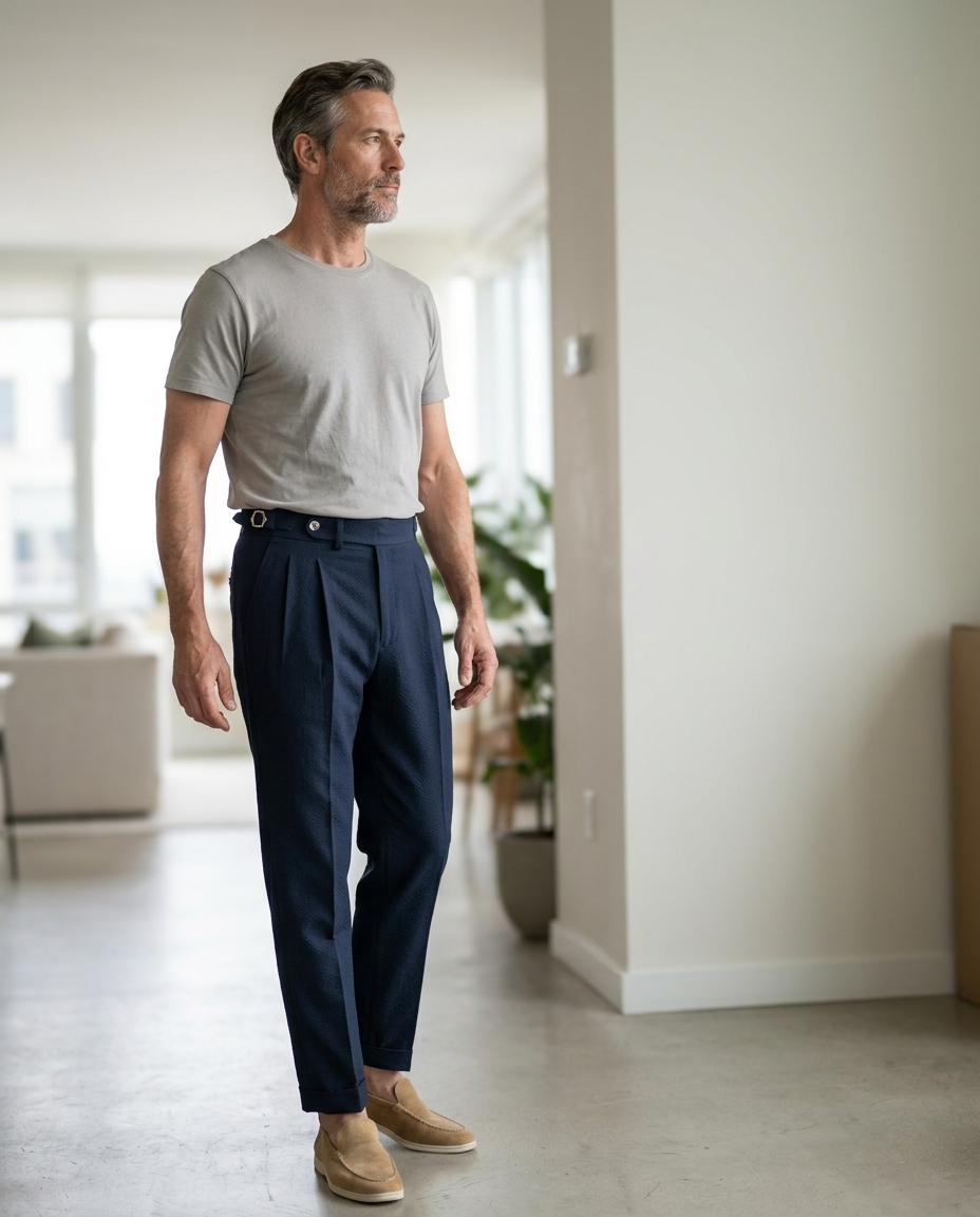 Men's High Waist Pleated Navy Trousers styled in a daylight interior setting