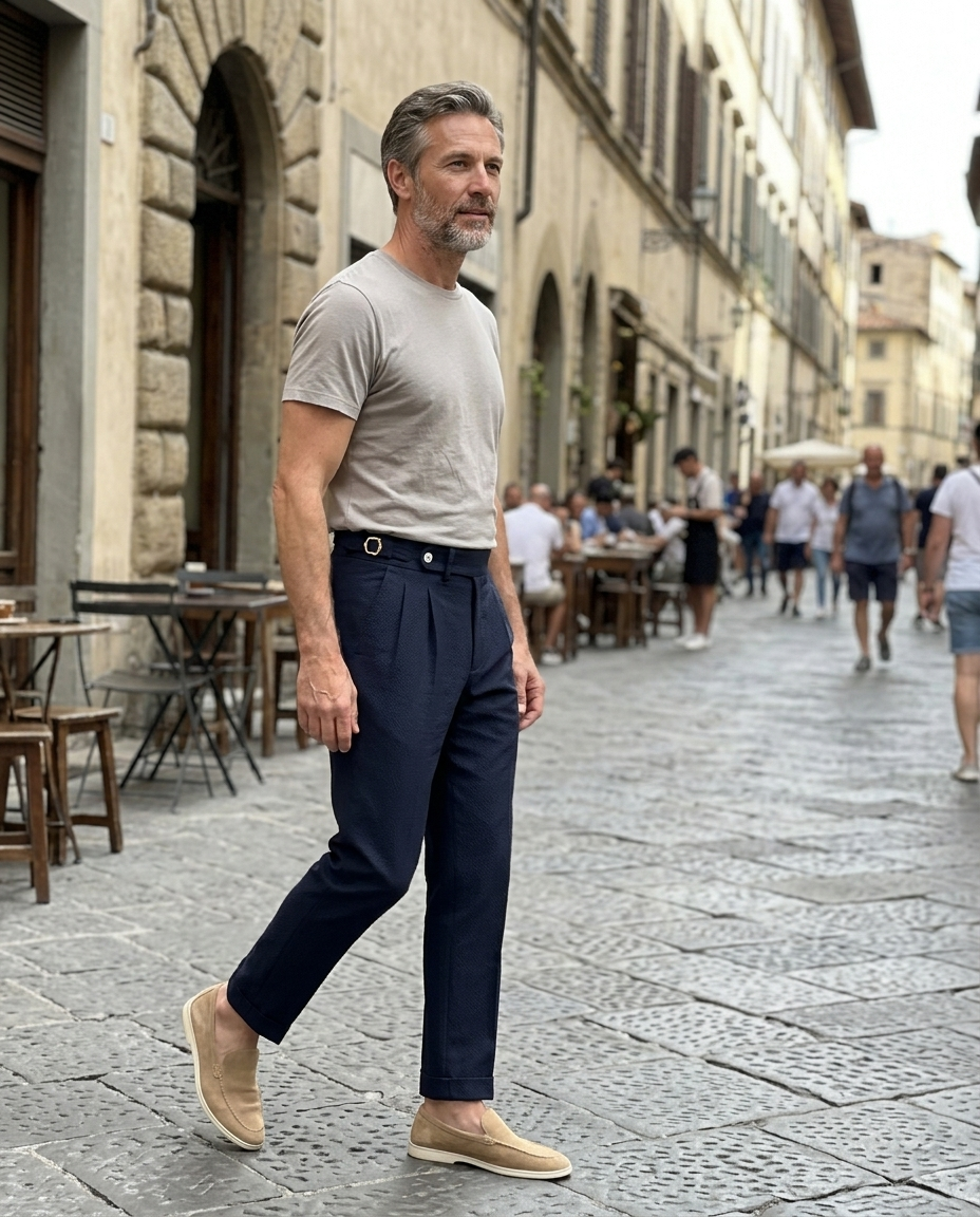 Men's High Waist Pleated Navy Trousers worn in an everyday street setting