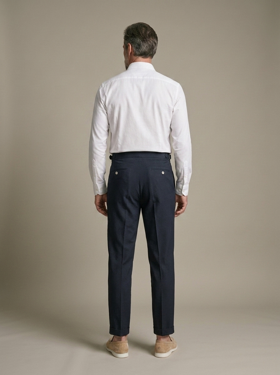 Men's High Waist Pleated Navy Trousers worn by a model, back view