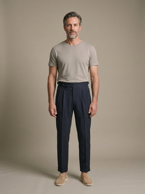 Men's High Waist Pleated Navy Trousers worn by a model, front view