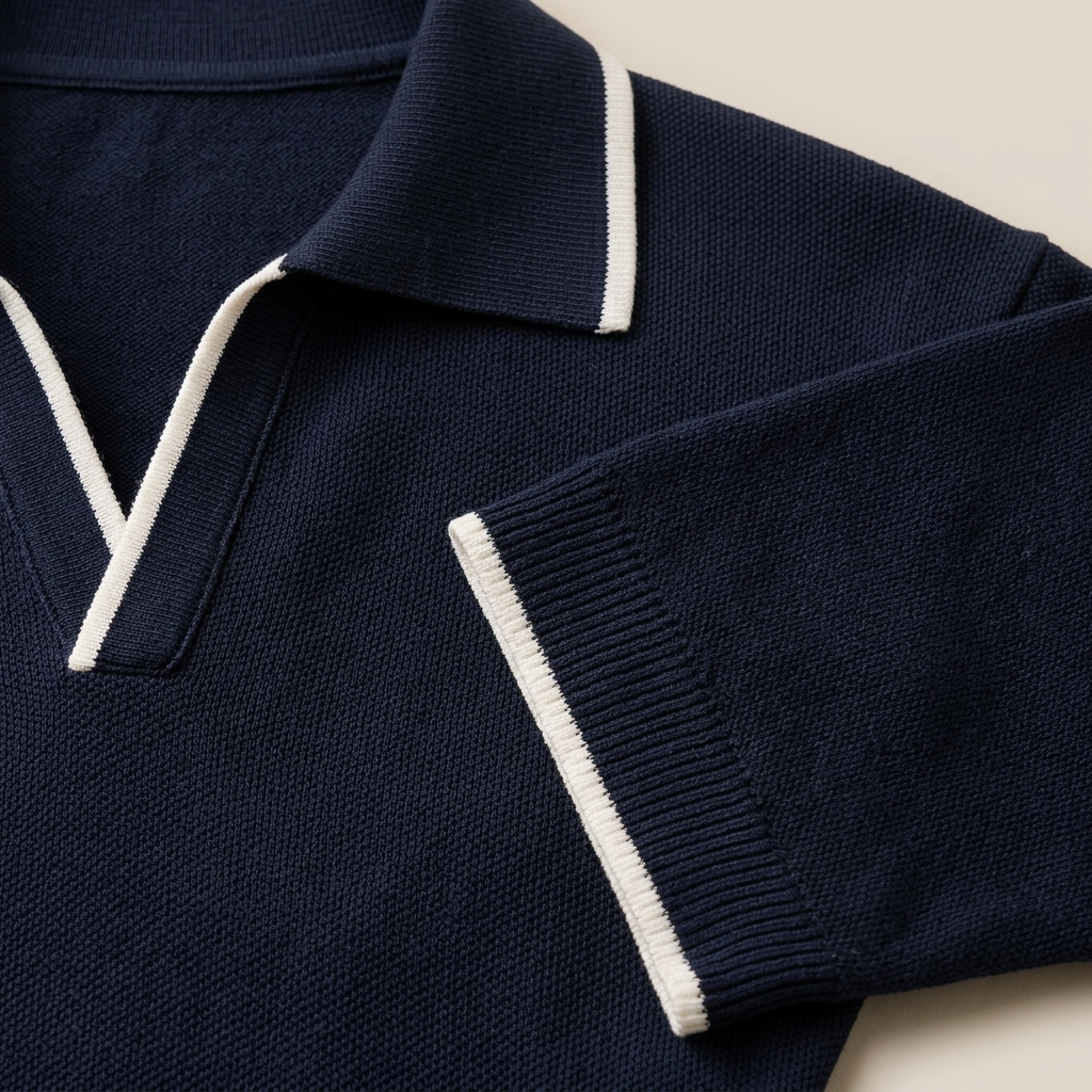 Close-up of Men's Knit Polo Shirt, Contrast Tipped, Ribbed Hem fabric and detailing