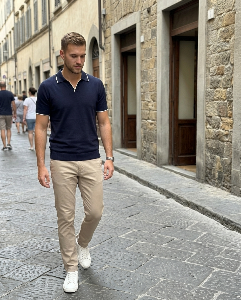 Men's Contrast-Tipped Ribbed-Hem Knit Polo Shirt styled in an everyday setting