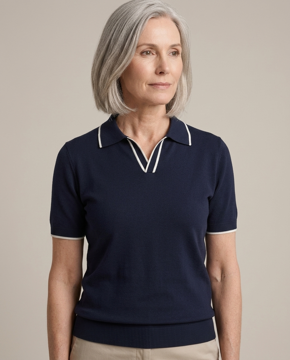 Men's Knit Polo Shirt, Contrast Tipped, Ribbed Hem worn by a model, close waist-up view
