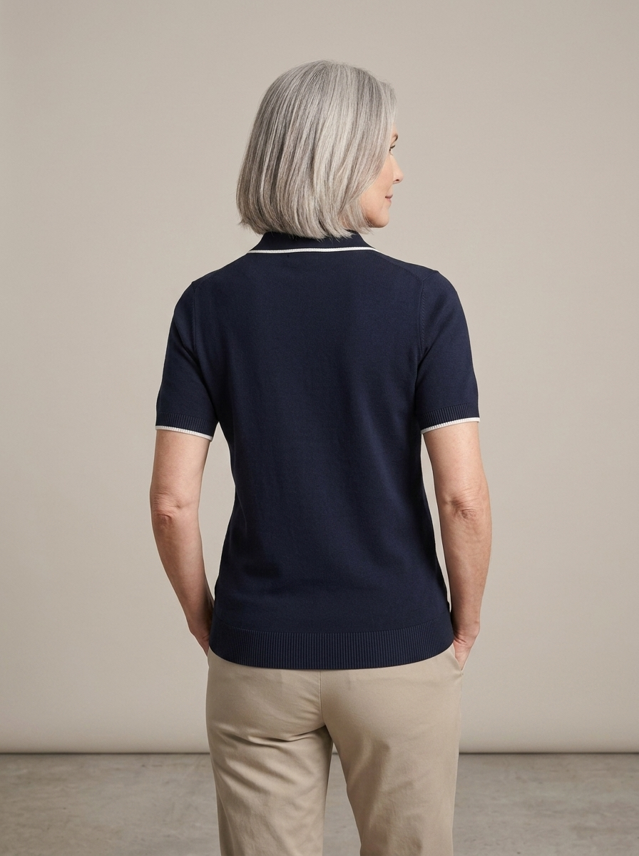 Men's Knit Polo Shirt, Contrast Tipped, Ribbed Hem worn by a model, back view