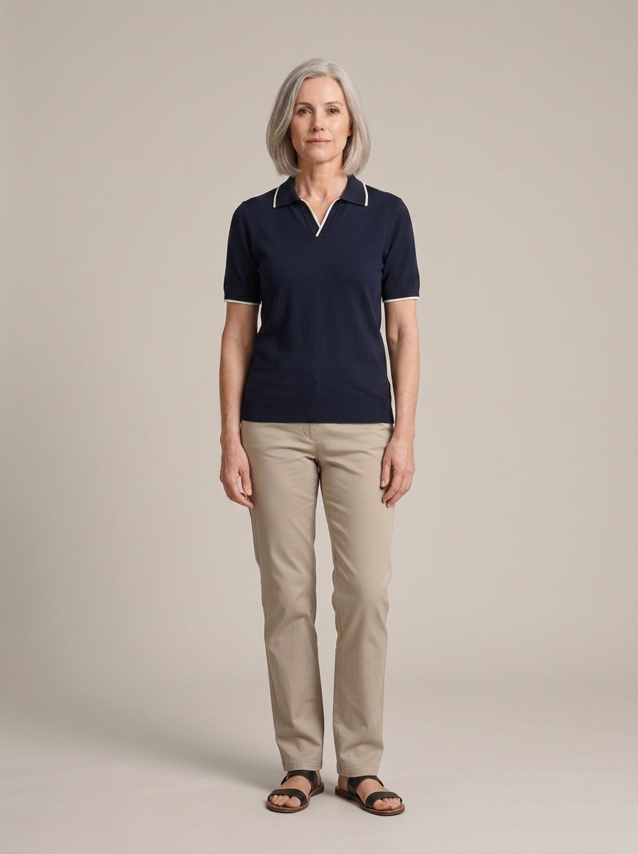 Men's Knit Polo Shirt, Contrast Tipped, Ribbed Hem worn by a model, front view
