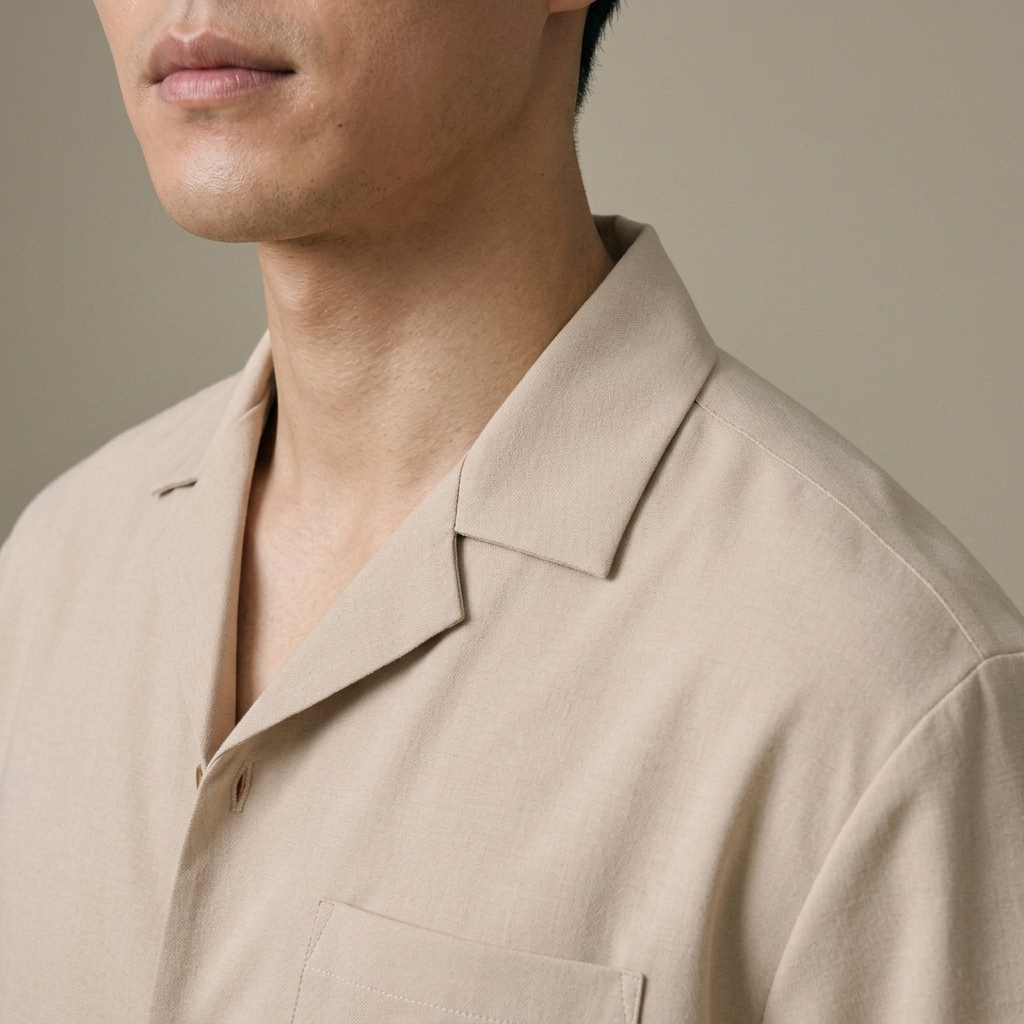Close-up of Men's Light Beige Camp Collar Two-Piece Set detail