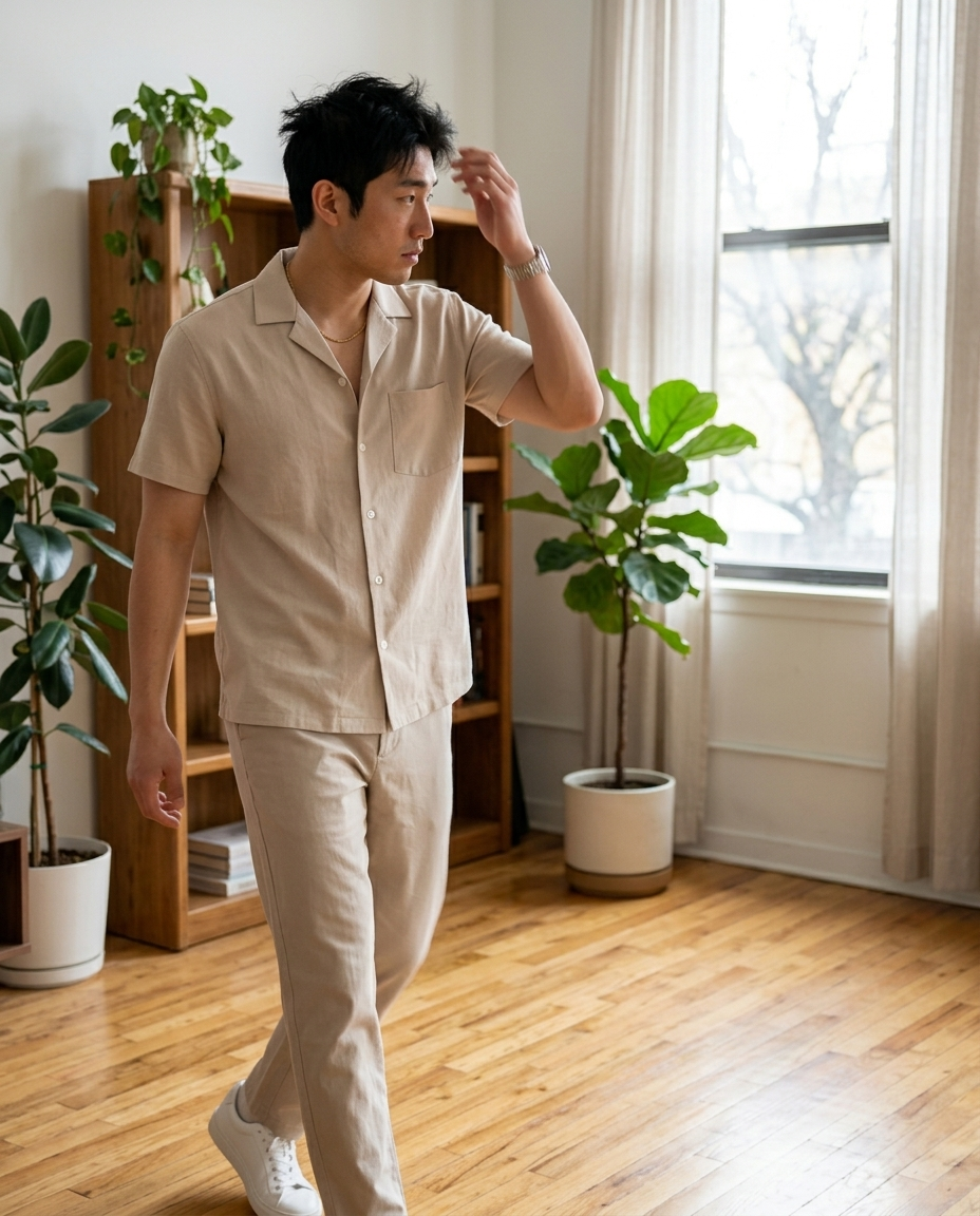Men's Light Beige Camp Collar Two-Piece Set styled in a daylight interior setting