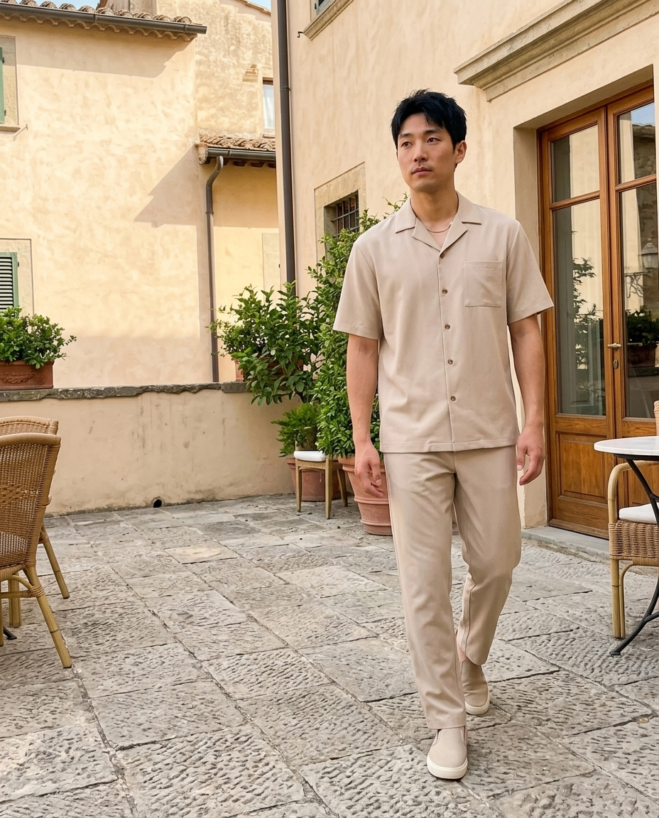Men's Light Beige Camp Collar Two-Piece Set worn in an everyday street setting