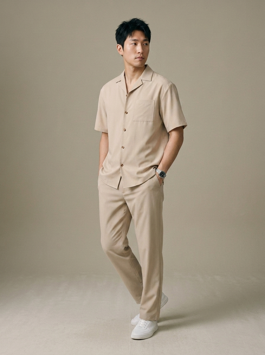 Men's Light Beige Camp Collar Two-Piece Set worn by a model, three-quarter angle