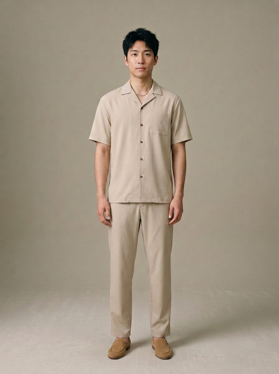 Men's Light Beige Camp Collar Two-Piece Set worn by a model, front view