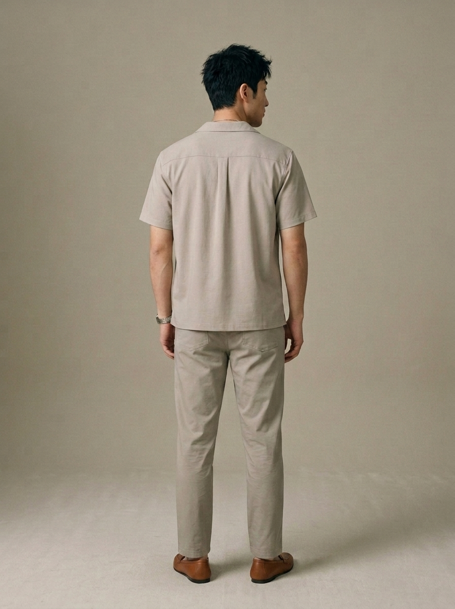Men's Light Beige Camp Collar Two-Piece Set worn by a model, back view