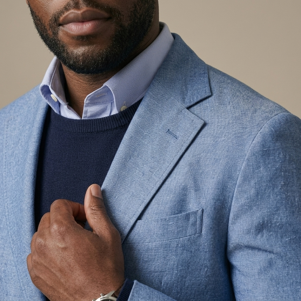 Close-up of Men's Light Blue Chambray Casual Blazer detail