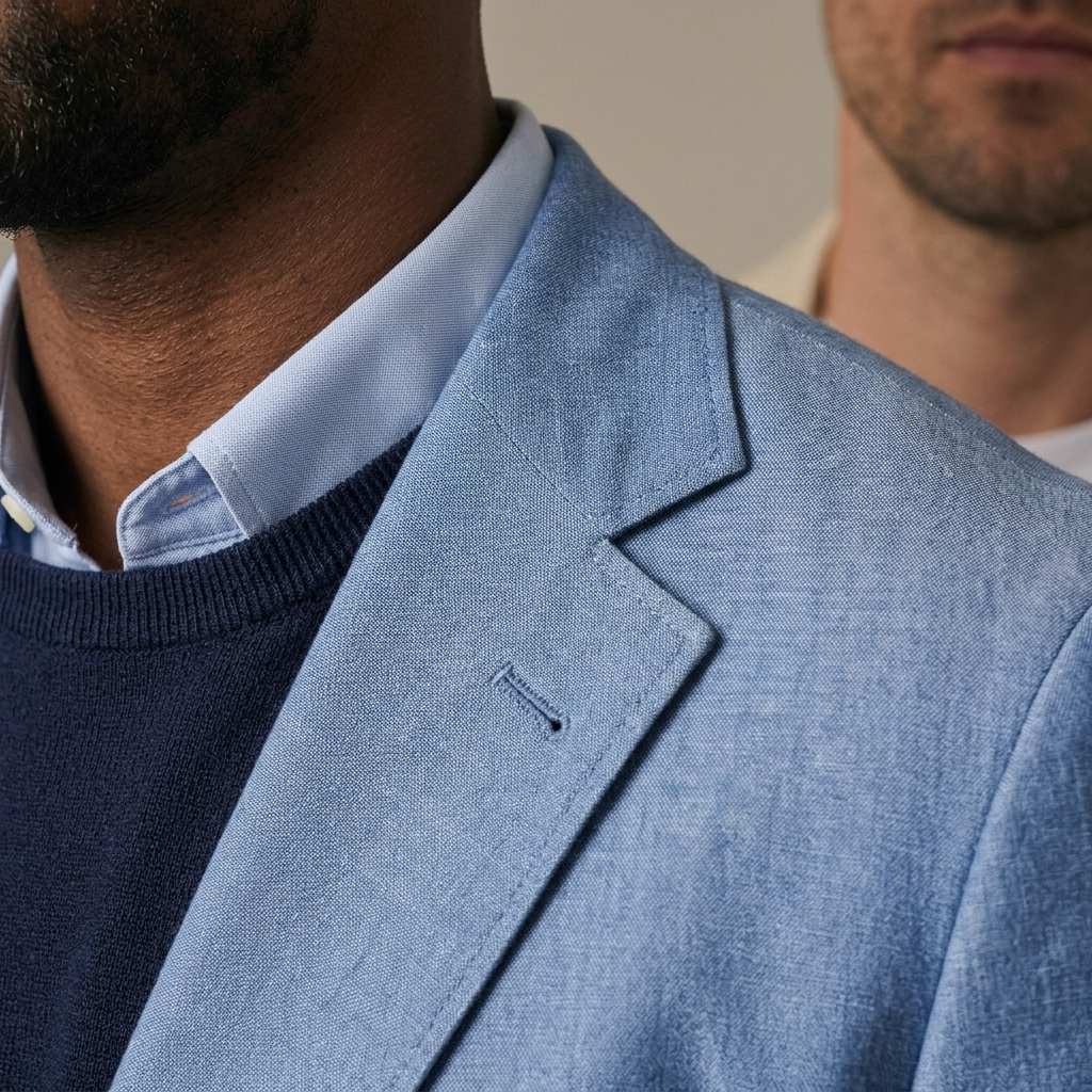 Close-up of Men's Light Blue Chambray Casual Blazer detail