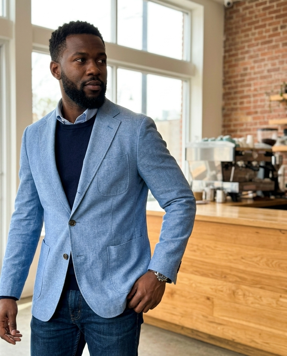 Men's Light Blue Chambray Casual Blazer styled in a daylight interior setting
