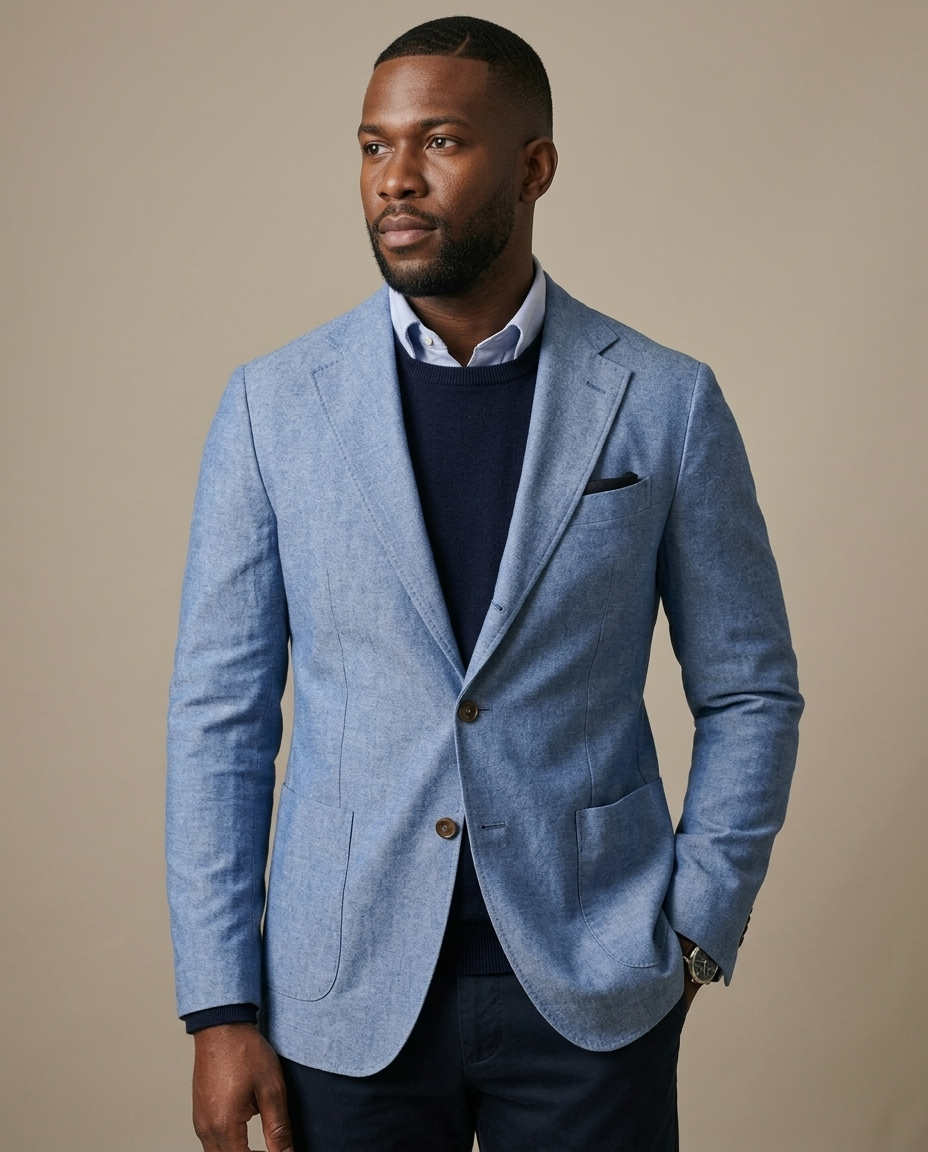 Men's Light Blue Chambray Casual Blazer worn by a model, close waist-up view