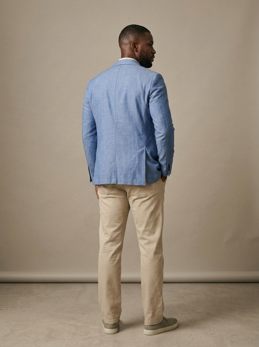 Men's Light Blue Chambray Casual Blazer worn by a model, back view