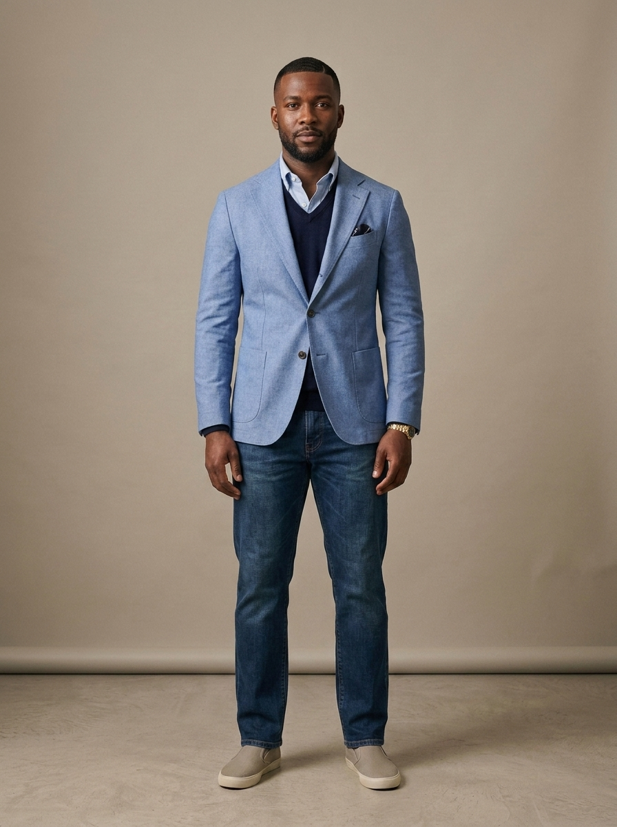 Men's Light Blue Chambray Casual Blazer worn by a model, front view