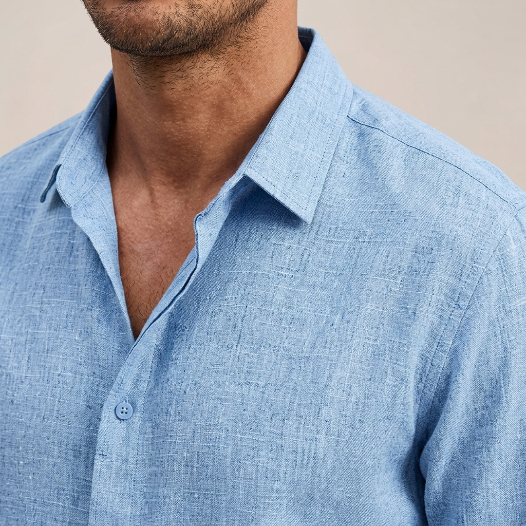 Close-up of Men's Light Blue Linen Blend Shirt detail