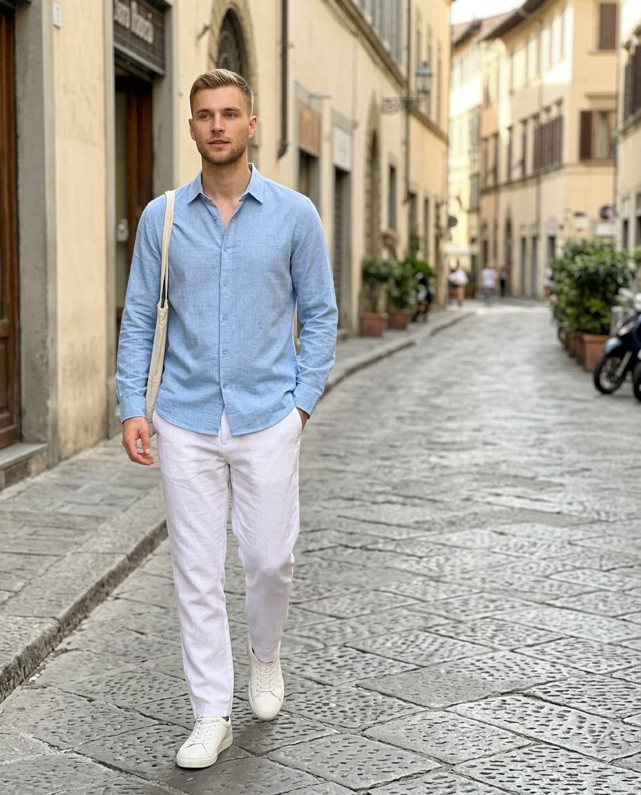 Men's Light Blue Linen Blend Shirt worn in an everyday street setting