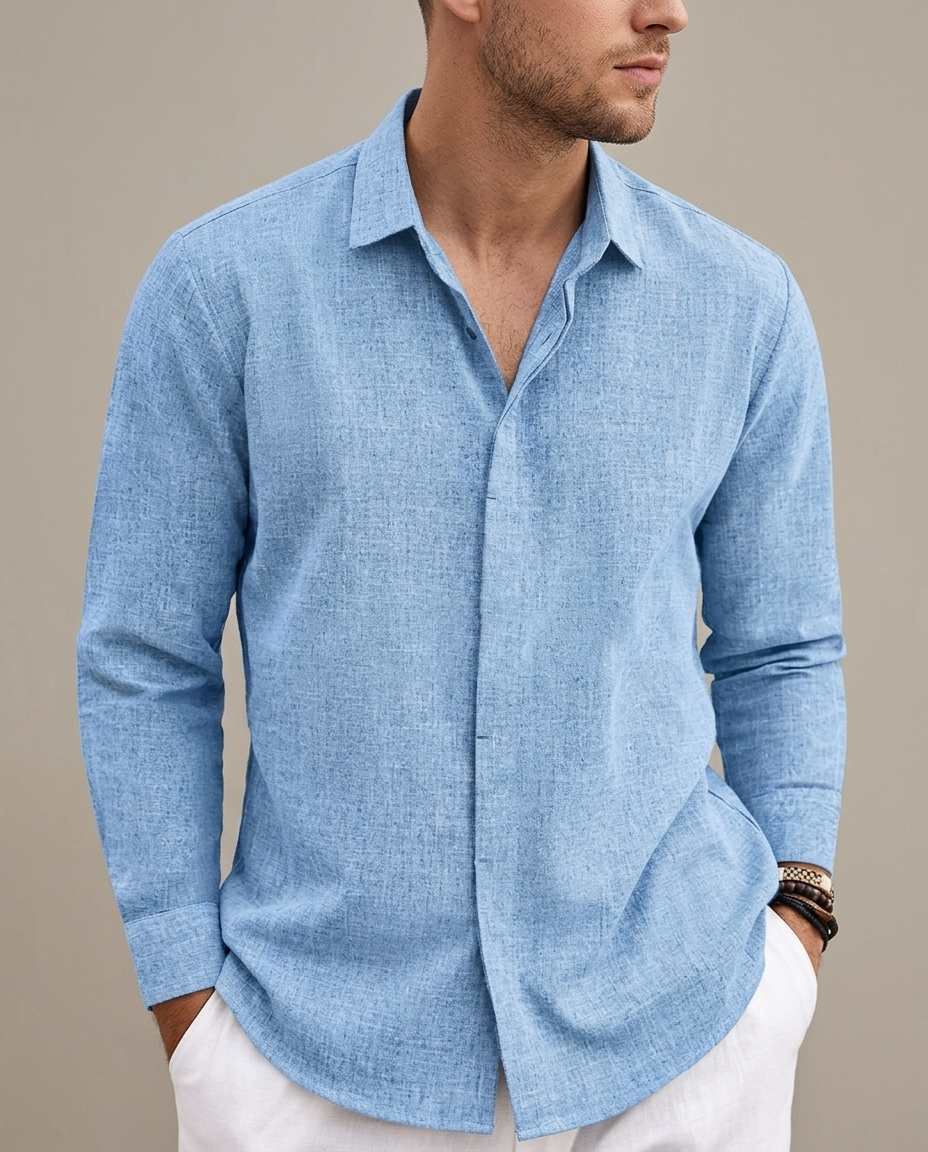 Men's Light Blue Linen Blend Shirt worn by a model, close waist-up view