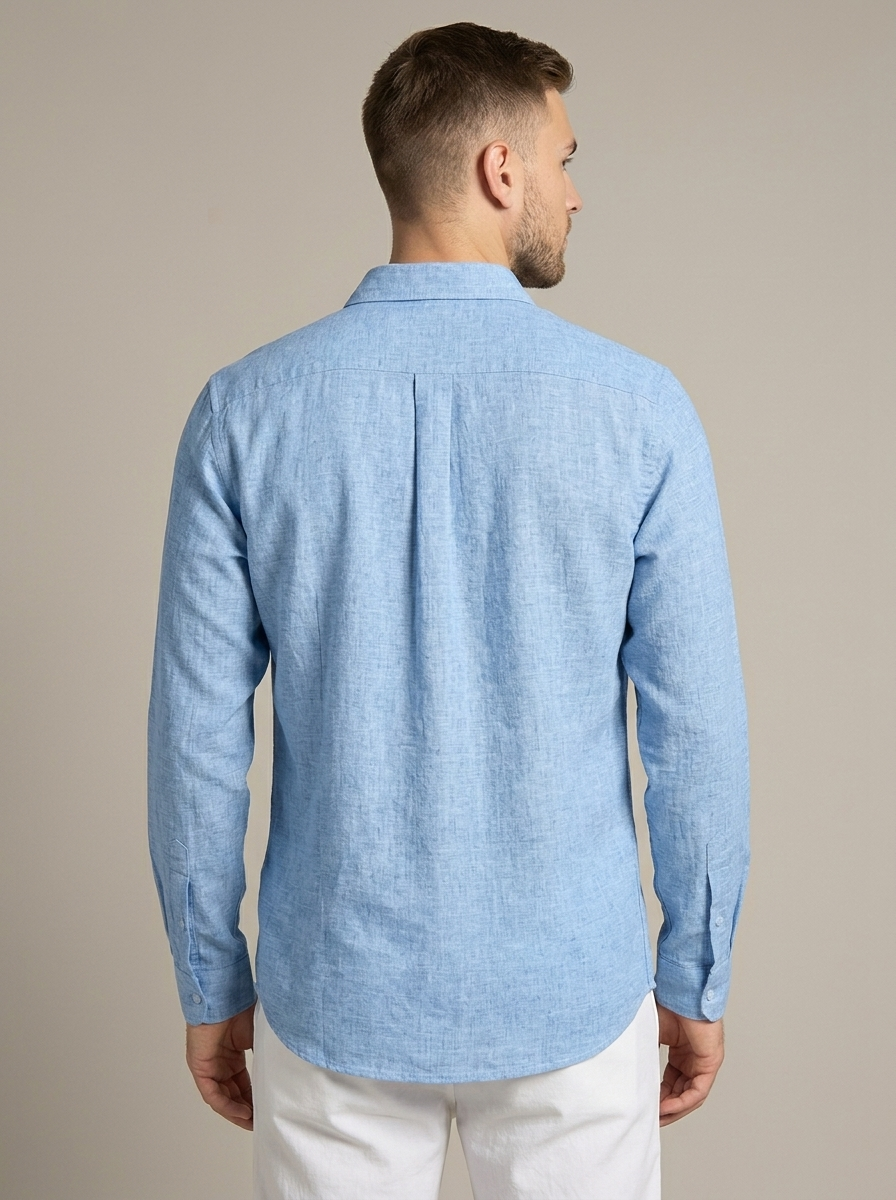 Men's Light Blue Linen Blend Shirt worn by a model, back view