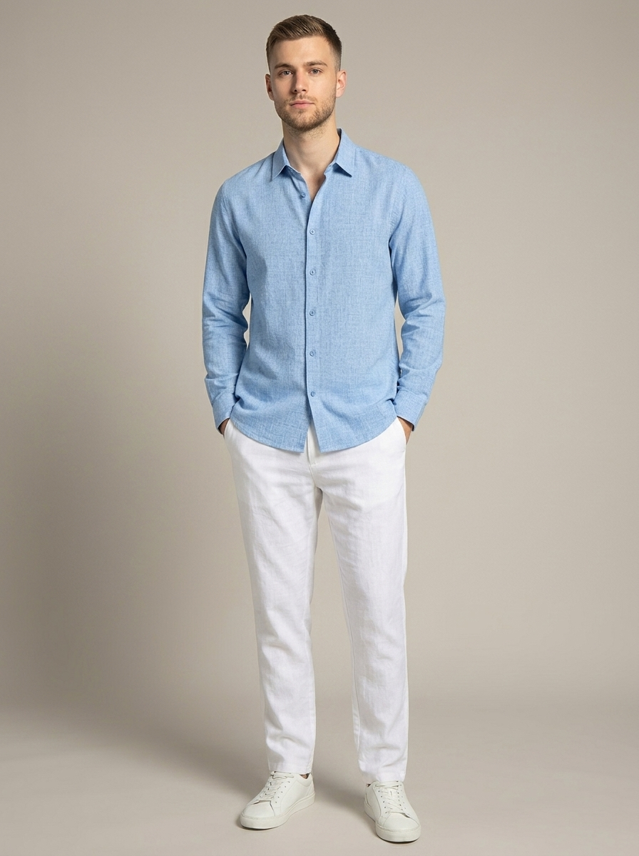 Men's Light Blue Linen Blend Shirt worn by a model, front view