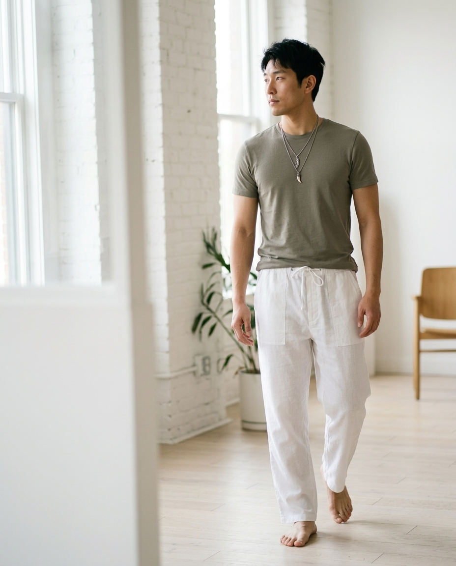 Men's Linen Blend Drawstring Relaxed Pants styled in a daylight interior setting