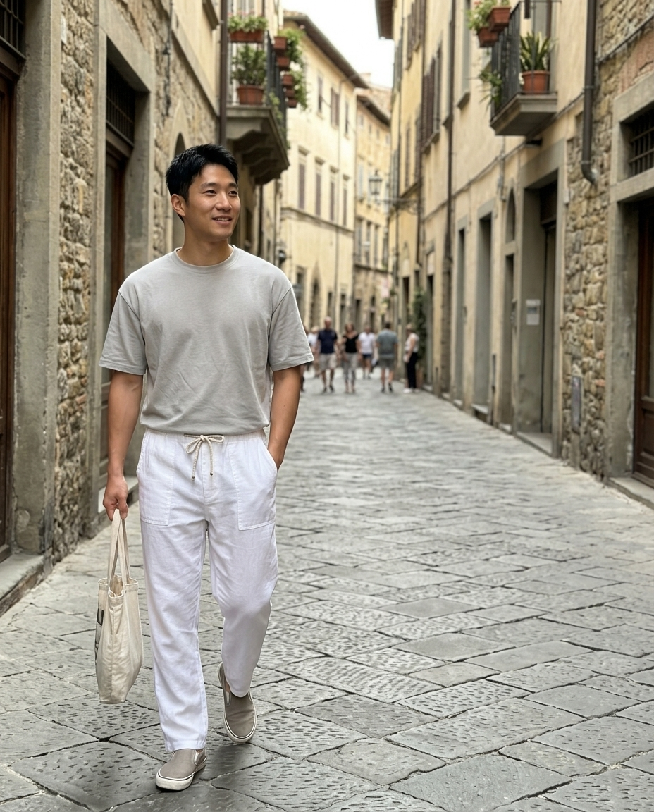 Men's Linen Blend Drawstring Relaxed Pants worn in an everyday street setting