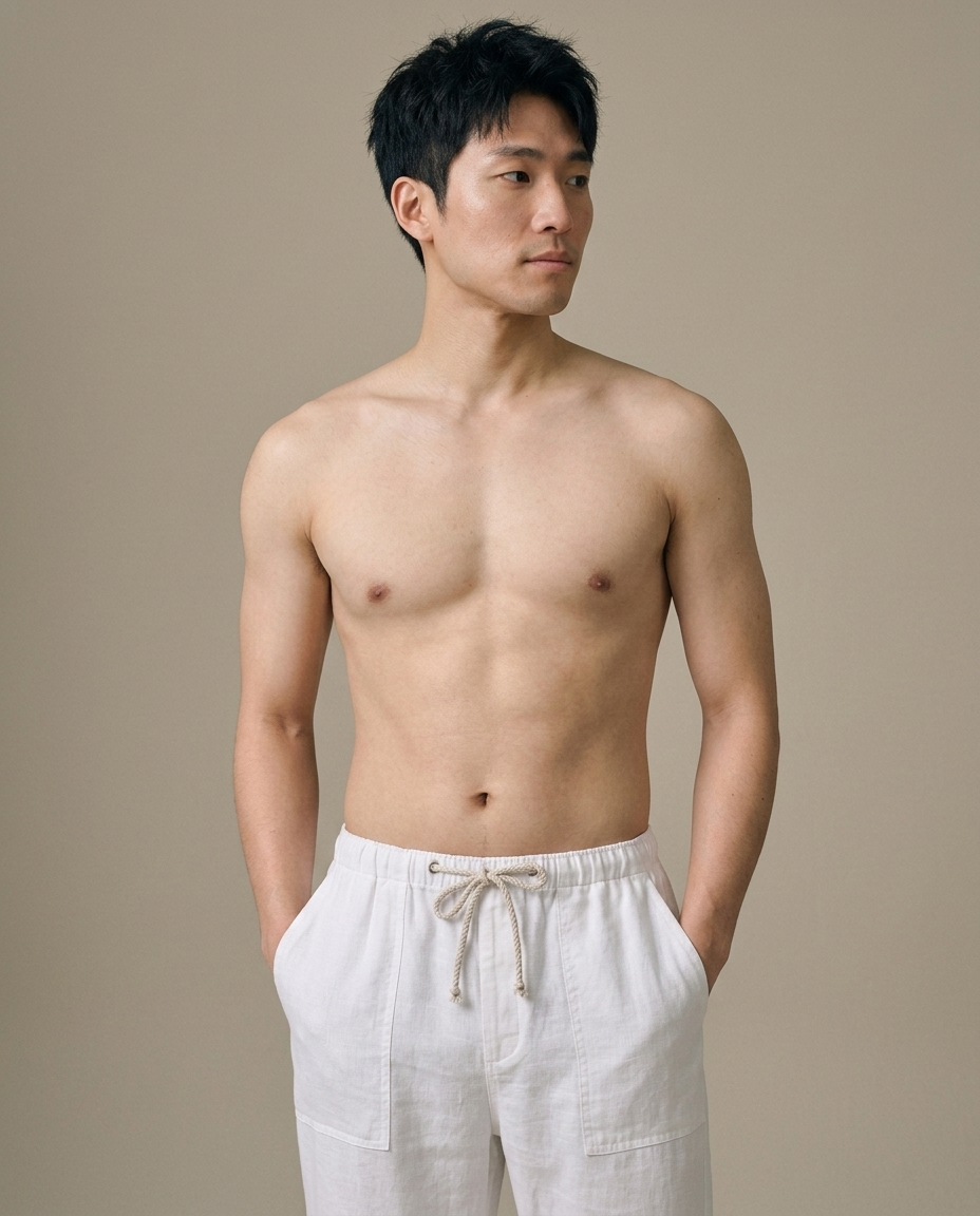 Men's Linen Blend Drawstring Relaxed Pants worn by a model, close waist-up view