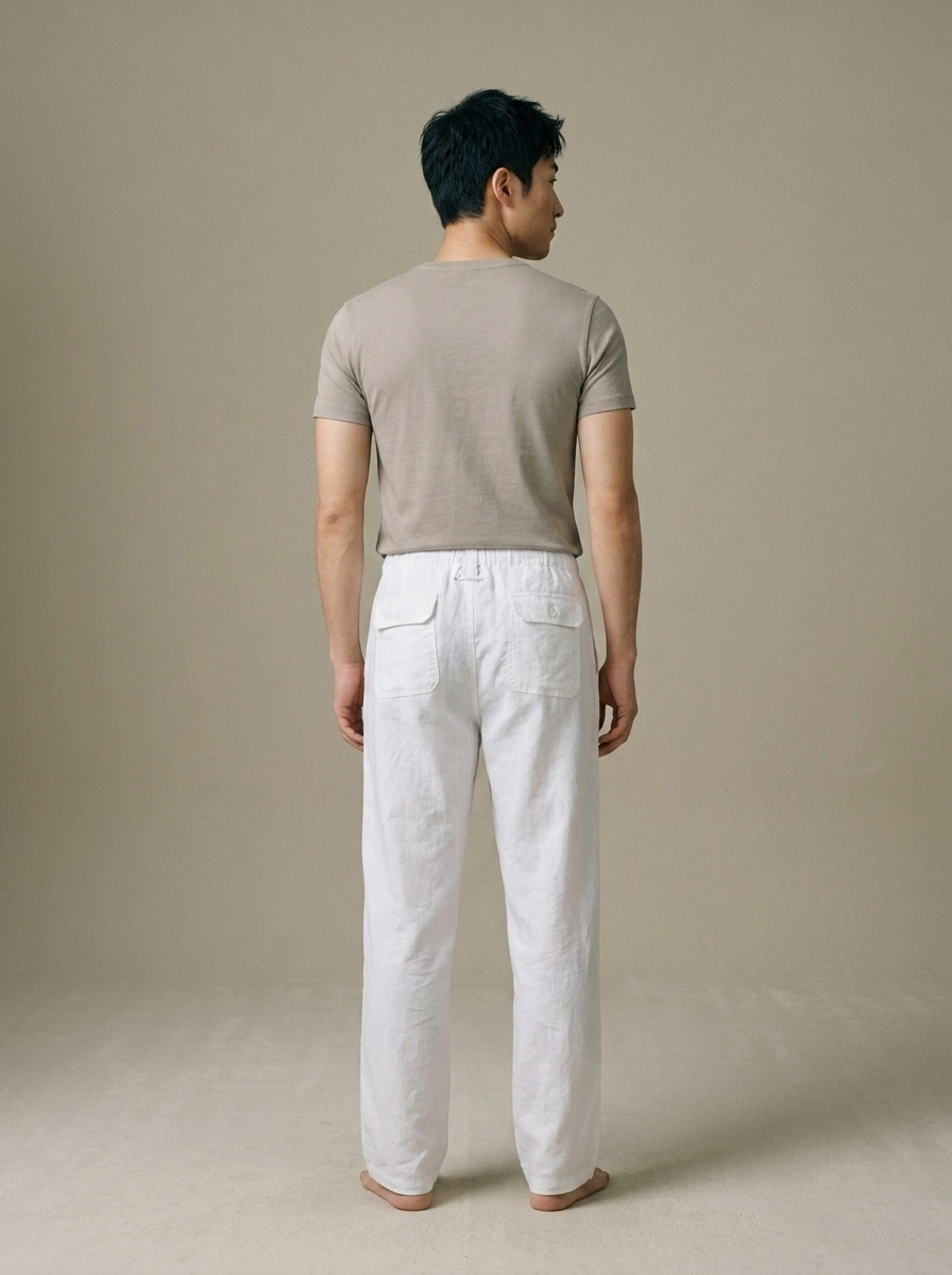 Men's Linen Blend Drawstring Relaxed Pants worn by a model, back view