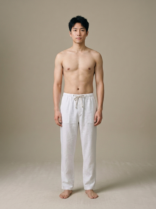 Men's Linen Blend Drawstring Relaxed Pants worn by a model, front view