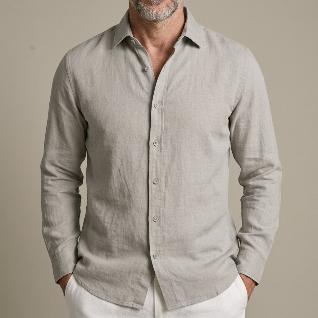 Close-up of Men's Long Sleeve Linen Blend Shirt detail