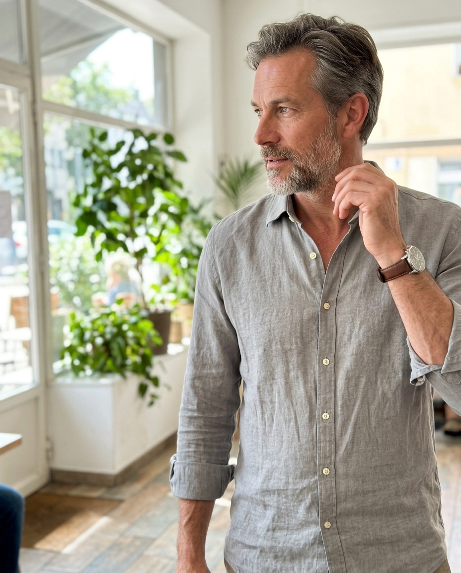 Men's Long Sleeve Linen Blend Shirt styled in a daylight interior setting