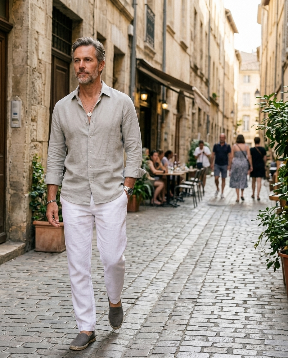 Men's Long Sleeve Linen Blend Shirt worn in an everyday street setting