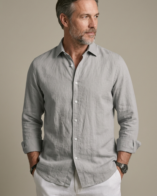 Men's Long Sleeve Linen Blend Shirt worn by a model, close waist-up view