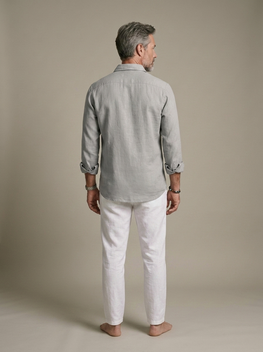 Men's Long Sleeve Linen Blend Shirt worn by a model, back view