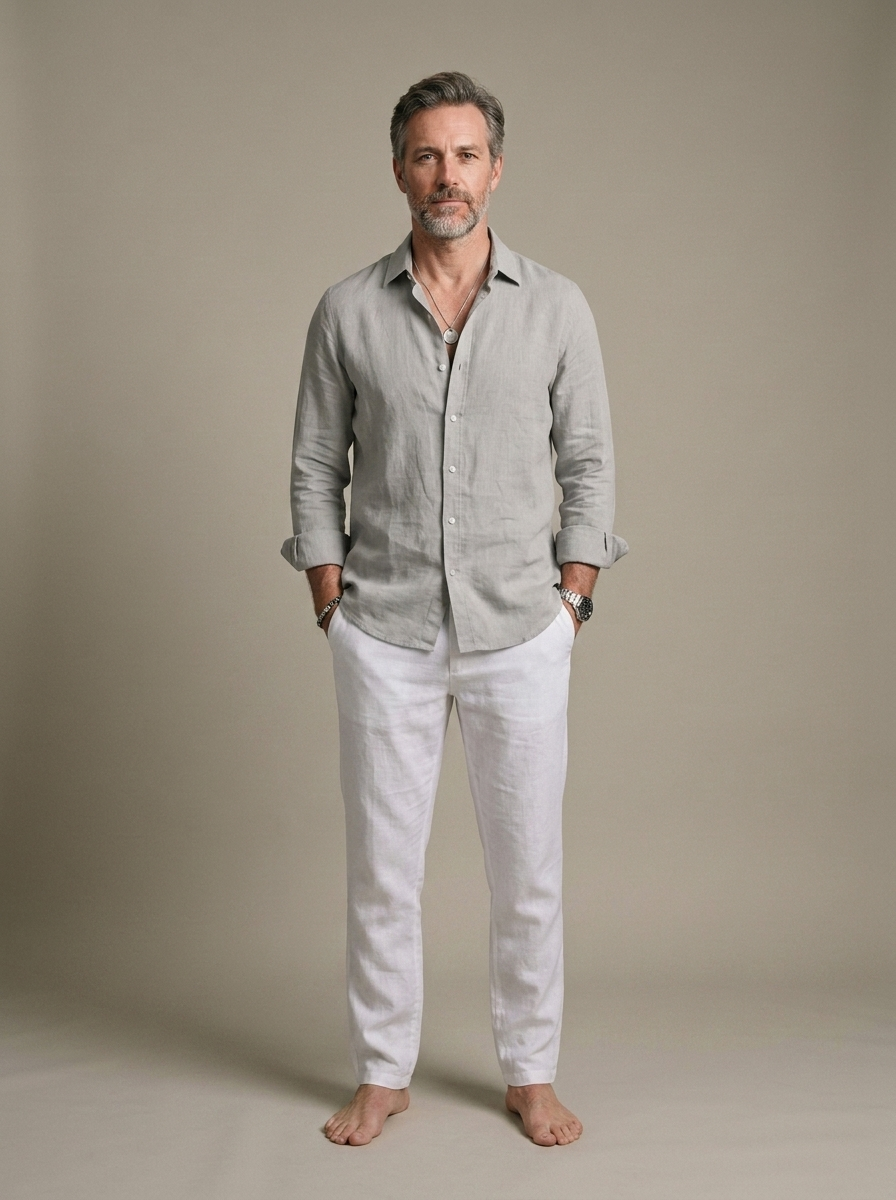 Men's Long Sleeve Linen Blend Shirt worn by a model, front view