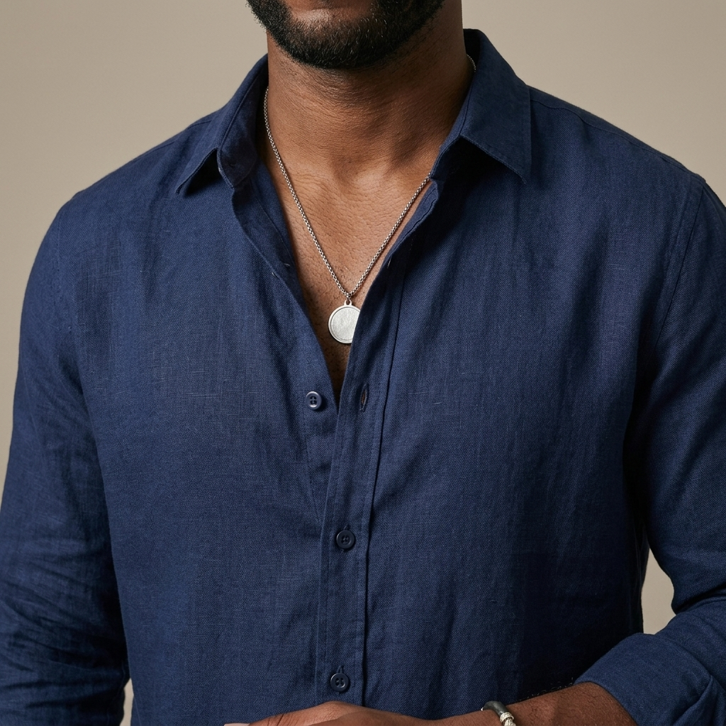 Close-up of Men's Navy Relaxed Linen Shirt detail