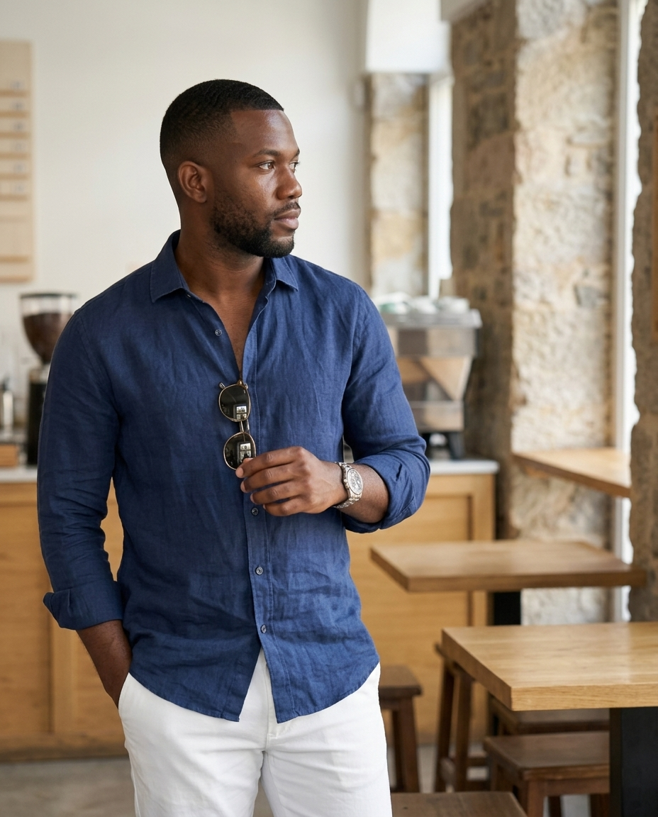 Men's Navy Relaxed Linen Shirt styled in a daylight interior setting