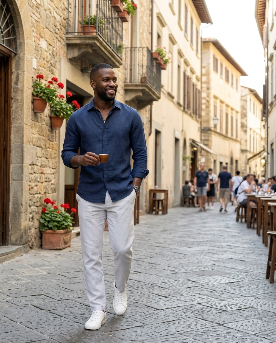 Men's Navy Relaxed Linen Shirt worn in an everyday street setting