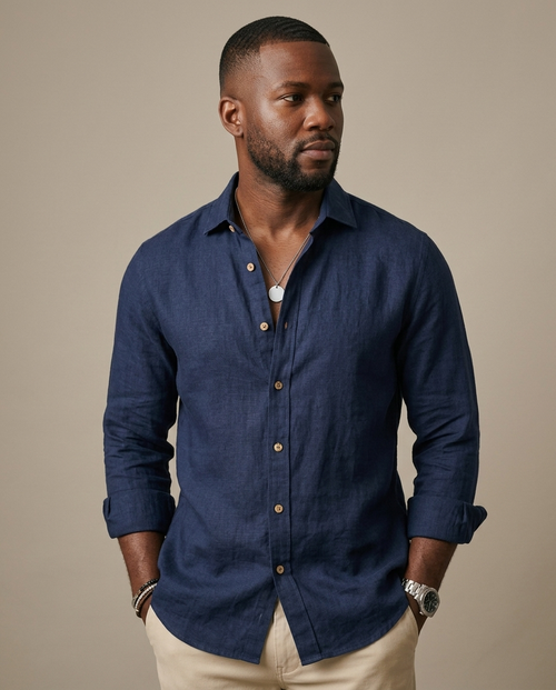 Men's Navy Relaxed Linen Shirt worn by a model, close waist-up view