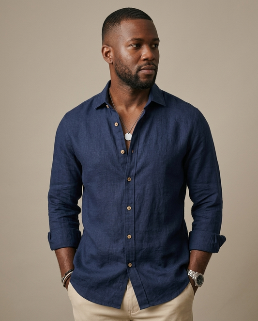 Men's Navy Relaxed Linen Shirt worn by a model, close waist-up view