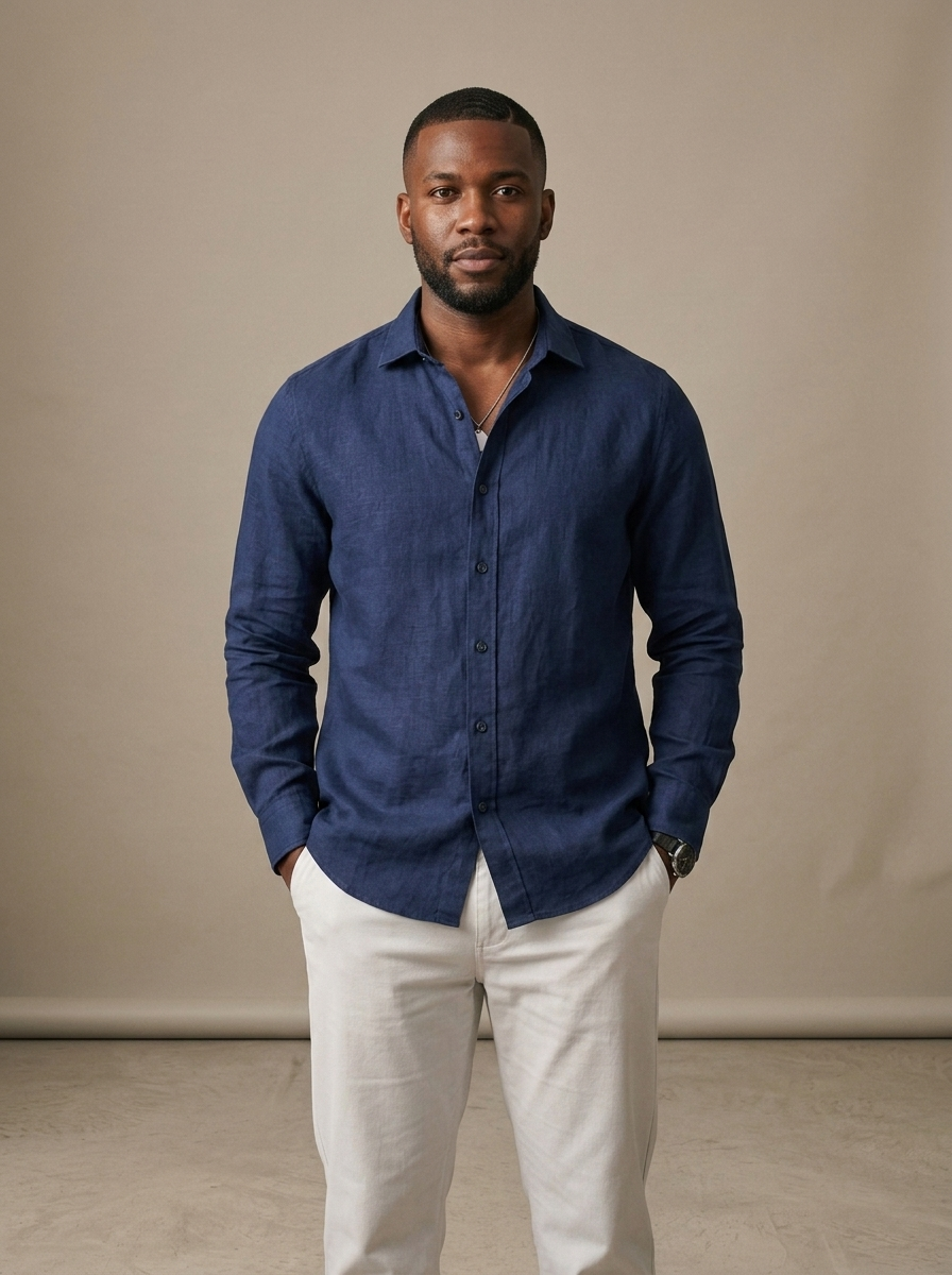 Men's Navy Relaxed Linen Shirt worn by a model, front view