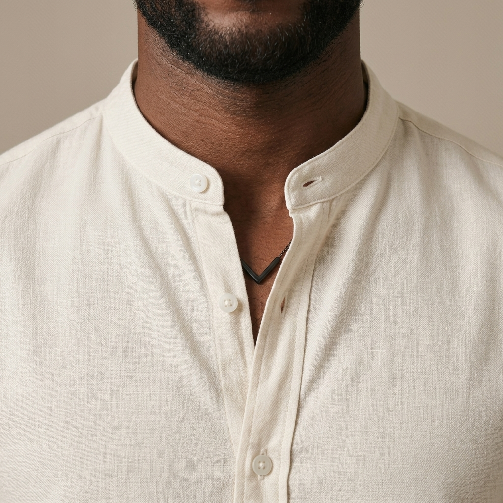 Close-up of Men's Off-White Linen Blend Band Collar Shirt detail